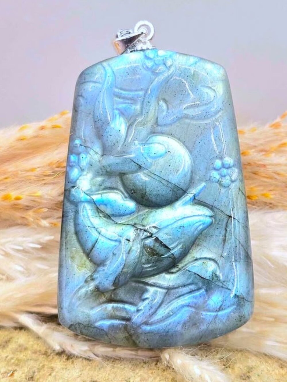 Labradorite Jumping Whale Pendant • 1.6" Carved Crystal Necklace • Strong Whale